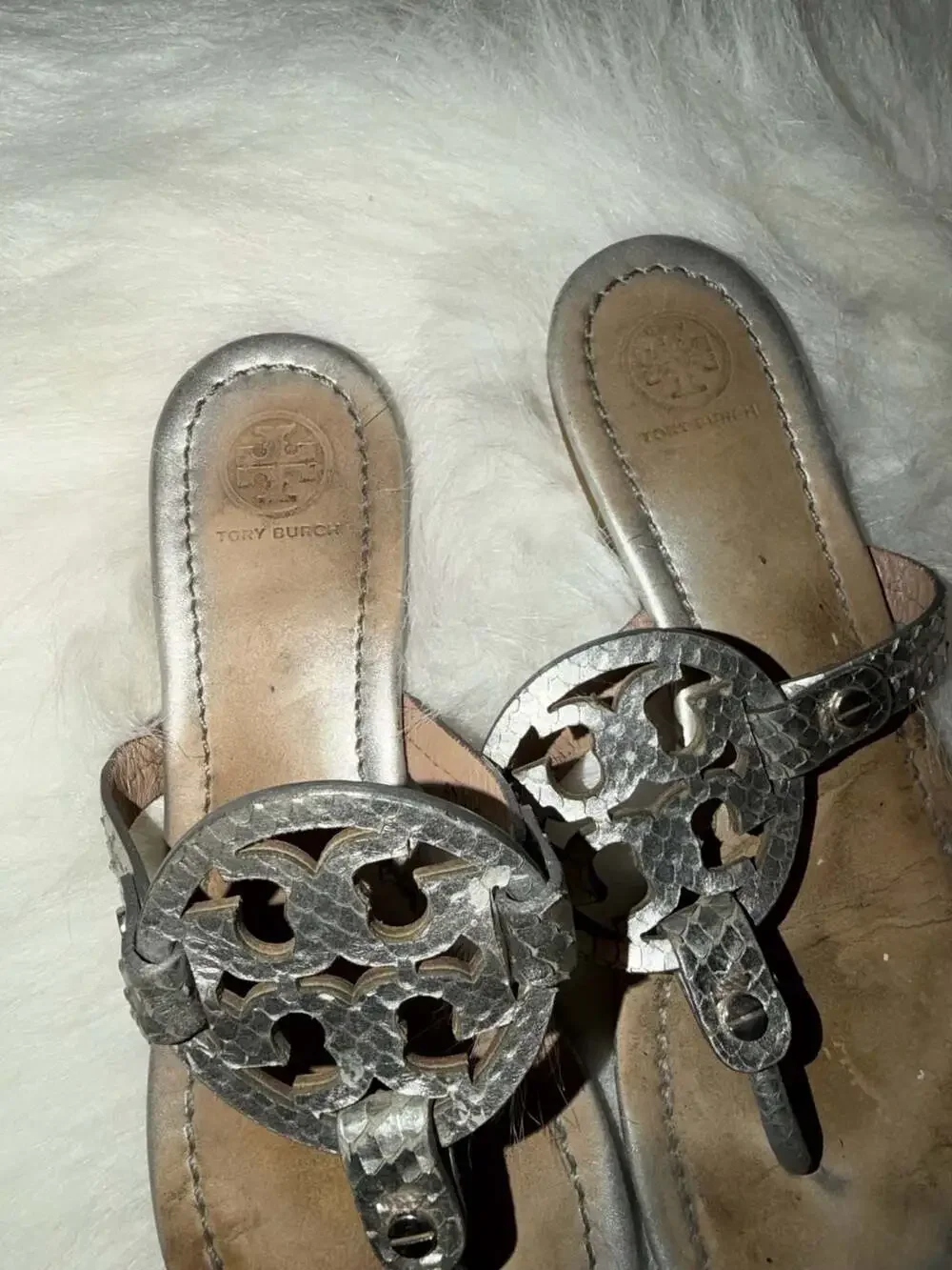 Tory Burch Miller Metallic Snakeskin Logo Thong Sandals